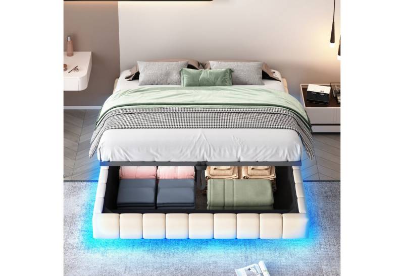 Ulife Polsterbett Doppelbett, Hydraulischer Schwebebettrahmen mit Stauraum (Ohne Matratze), ohne Kopfteil mit LED-Licht, 160x200cm von Ulife