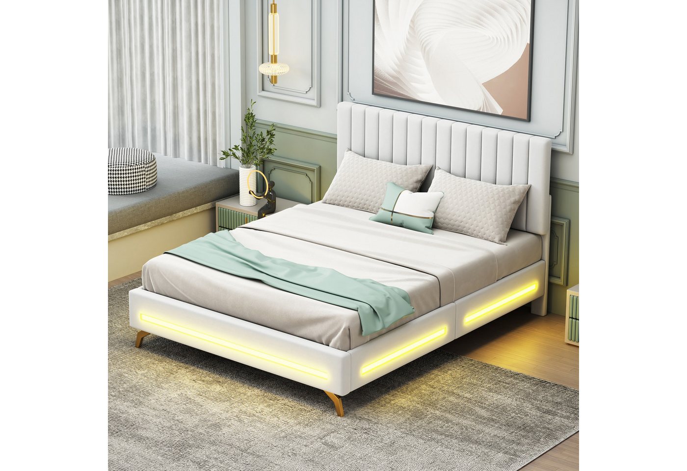 Ulife Polsterbett Doppelbett 140 x 200 cm mit LED-Leuchten, verstellbarem Kopfteil von Ulife