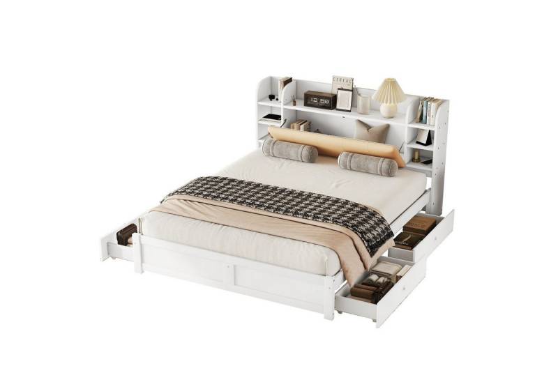 Ulife Polsterbett Doppelbett Flachbett, teilweise aufklappbares Kopfteil, vier Schubladen, mehrere Staufächer,180 x 200cm von Ulife