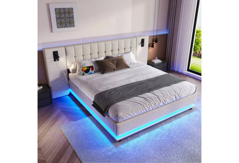 Ulife Polsterbett Doppelbett Funktionsbett mit LED-Beleuchtung & USB-Ladestation (Ohne Matratze), Kopfteil mit Spot, Leinenbezug, 180x200 cm von Ulife