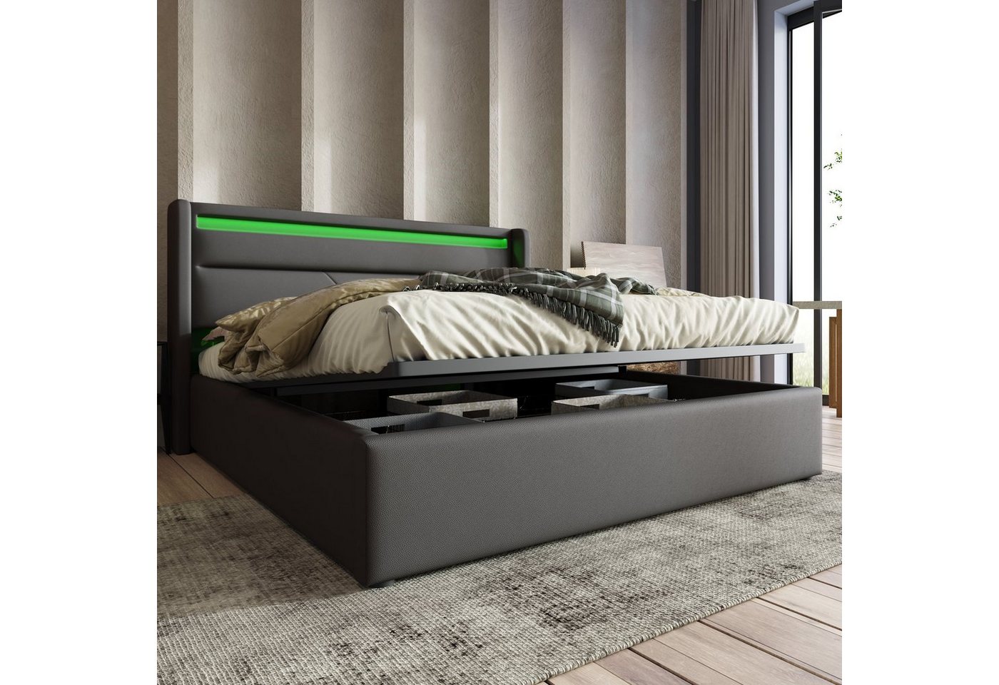 Ulife Polsterbett Doppelbett Hydraulisches Stauraumbett mit LED-Beleuchtungsleiste, 140 × 200cm von Ulife