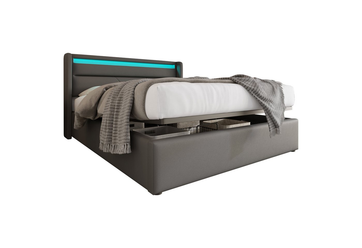 Ulife Polsterbett Doppelbett Hydraulisches Stauraumbett mit LED-Beleuchtungsleiste, 160×200cm von Ulife