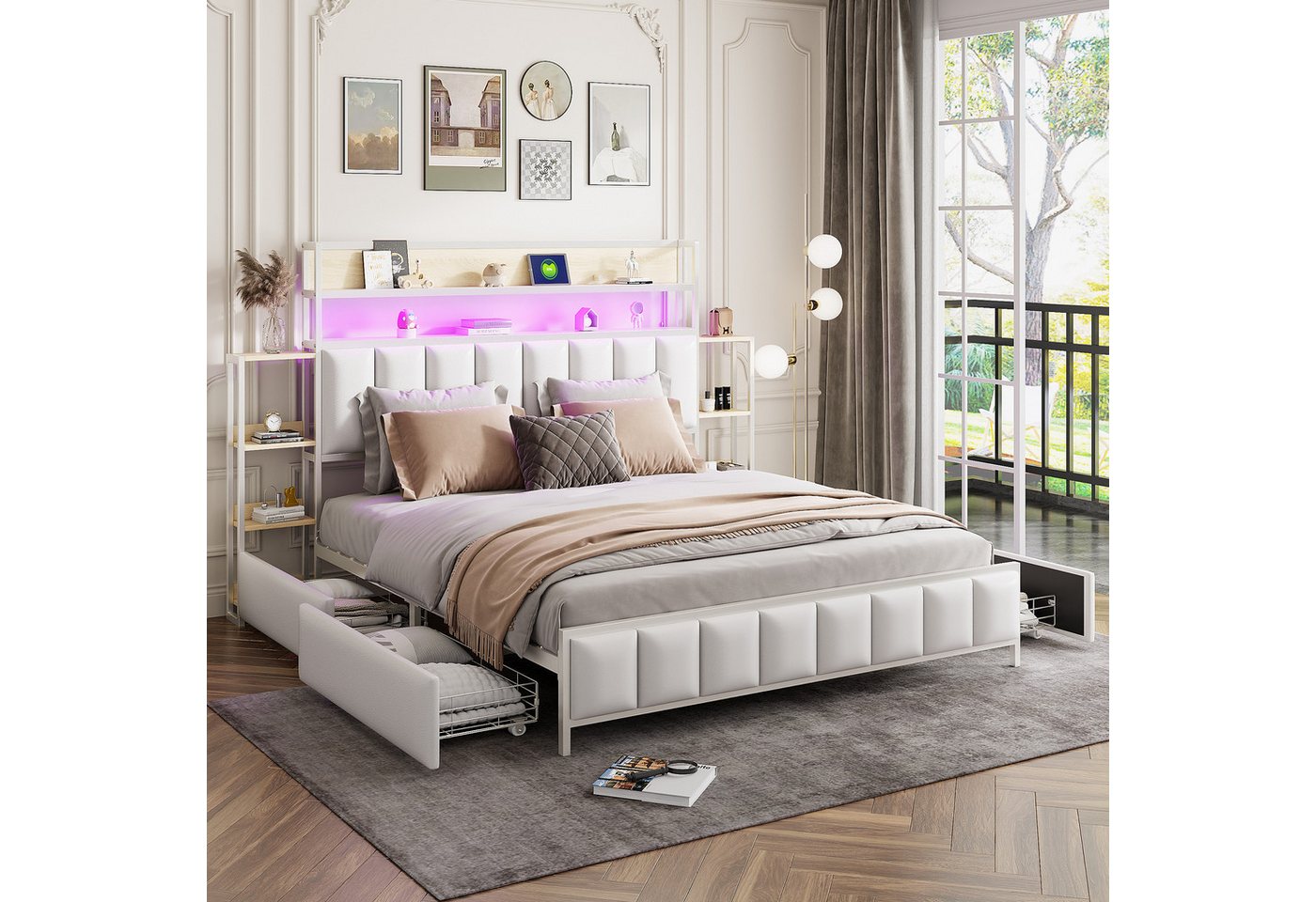 Ulife Polsterbett Doppelbett Jugendbett Eisenbett Stauraumbett mit LED-Beleuchtung (Ohne Matratze), Kopfteil mit Stauraum, Einlegeböden, robustes Eisenbettgestell von Ulife