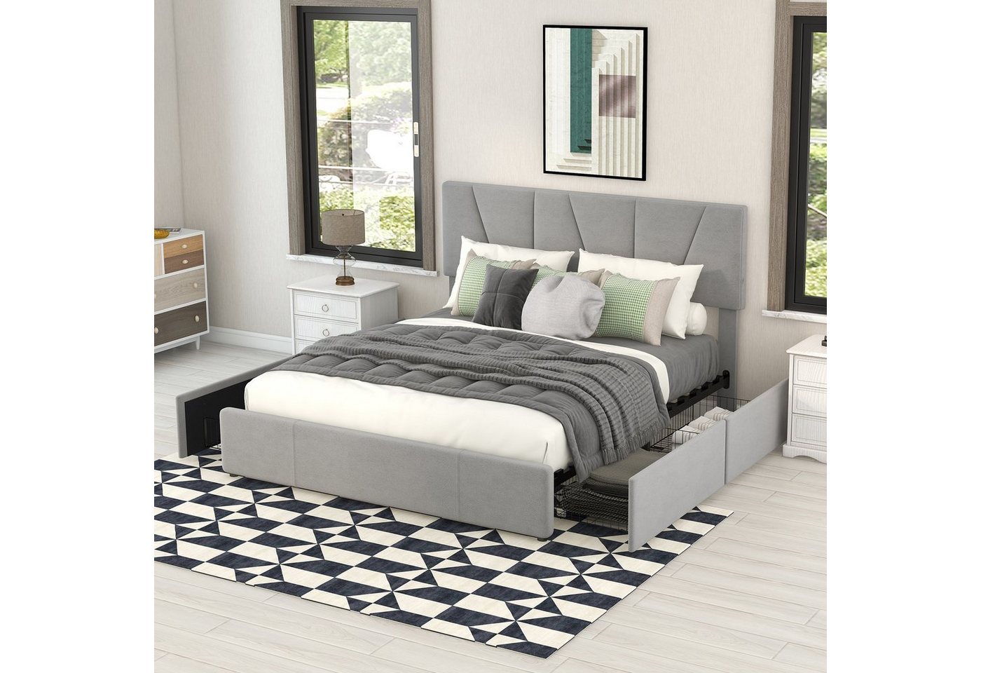 Ulife Polsterbett Doppelbett Samtbett verstellbares Kopfteil (Bett mit 4 Schubladen), 140 x 200 cm von Ulife