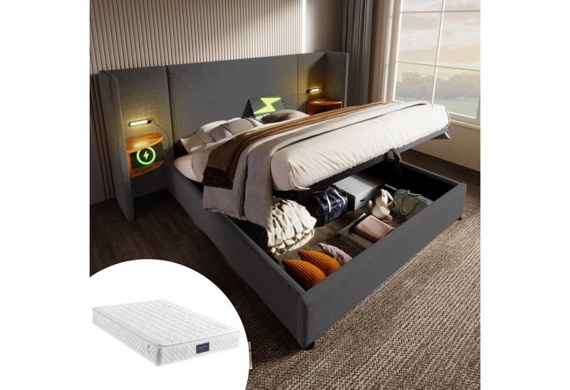 Ulife Polsterbett Doppelbett Stauraumbett Hydraulisches Funktionsbett mit Nachttisch (Mit Matratze), Leselampe und USB Type-C Ladefunktion, 160x200cm von Ulife