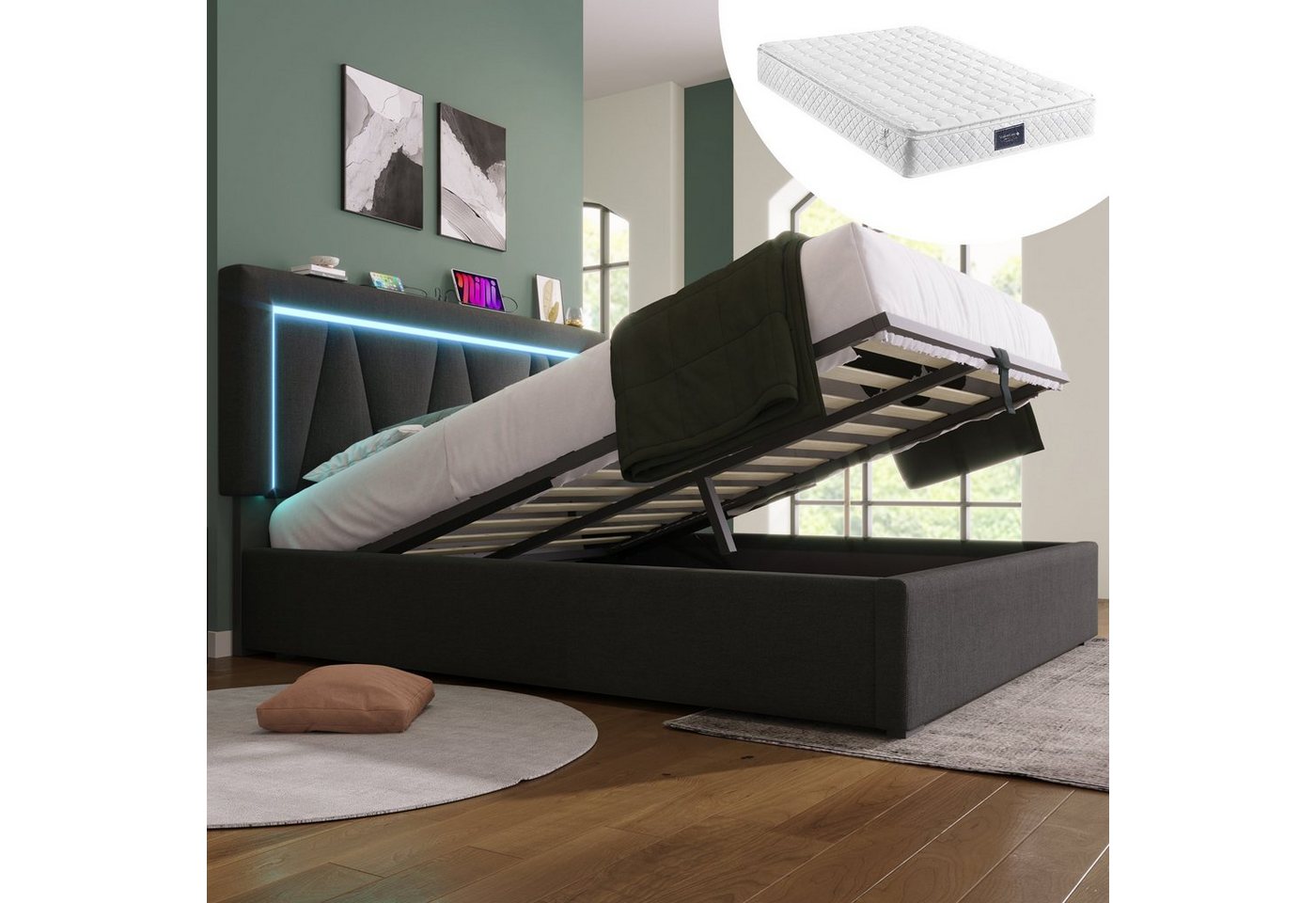 Ulife Polsterbett Doppelbett Stauraumbett Jugendbett mit Hydraulisch, USB Typ C Ladefunktion und LED-Beleuchtung von Ulife