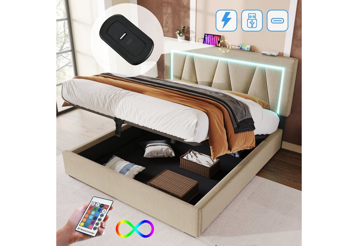 Ulife Polsterbett Doppelbett Stauraumbett Jugendbett mit Hydraulisch, USB Typ C Ladefunktion und LED-Beleuchtung von Ulife