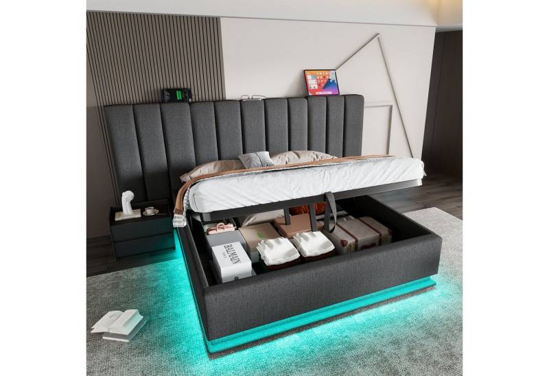 Ulife Polsterbett Doppelbett Stauraumbett mit App Control LED und USB-C Ladefunktion (Ohne Matratze), Ohne Nachttisch, 180x200cm von Ulife