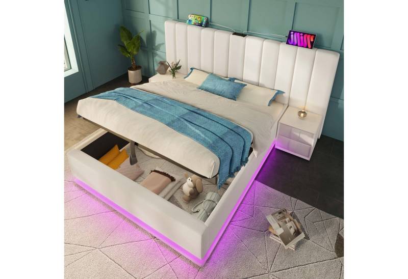 Ulife Polsterbett Doppelbett Stauraumbett mit App-Steuerung LED und USB-C Ladefunktion (Ohne Matratze), Funktionsbett mit Bettkasten und Lattenrost, 160×200cm von Ulife