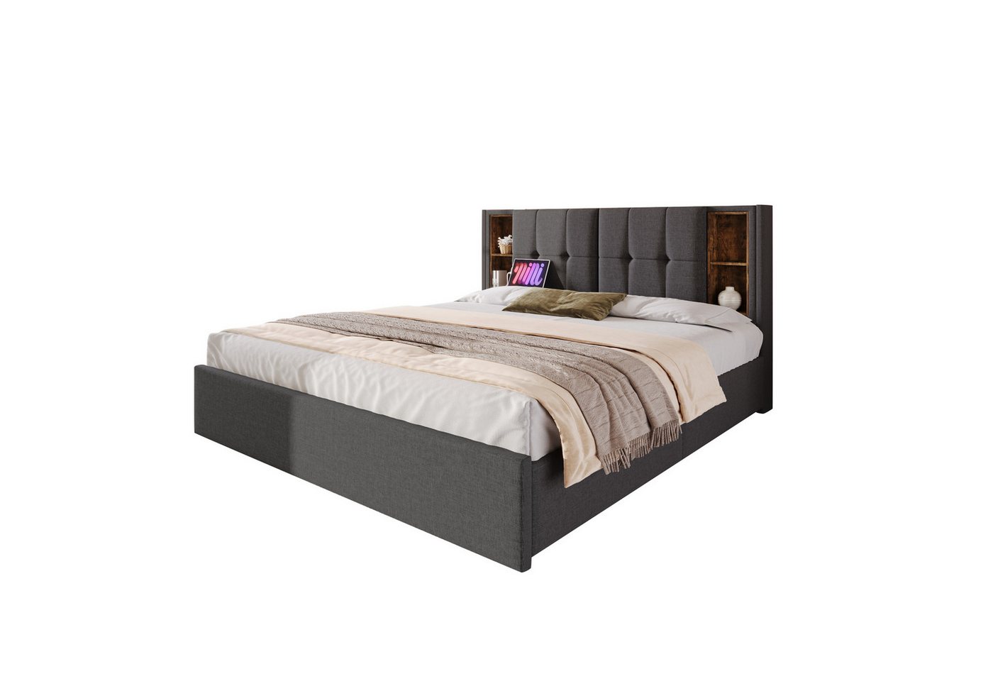 Ulife Polsterbett Doppelbett Stauraumbett mit Kabellosem Laden USB C, 4 Schubladen, Bettgestell 160x200cm von Ulife