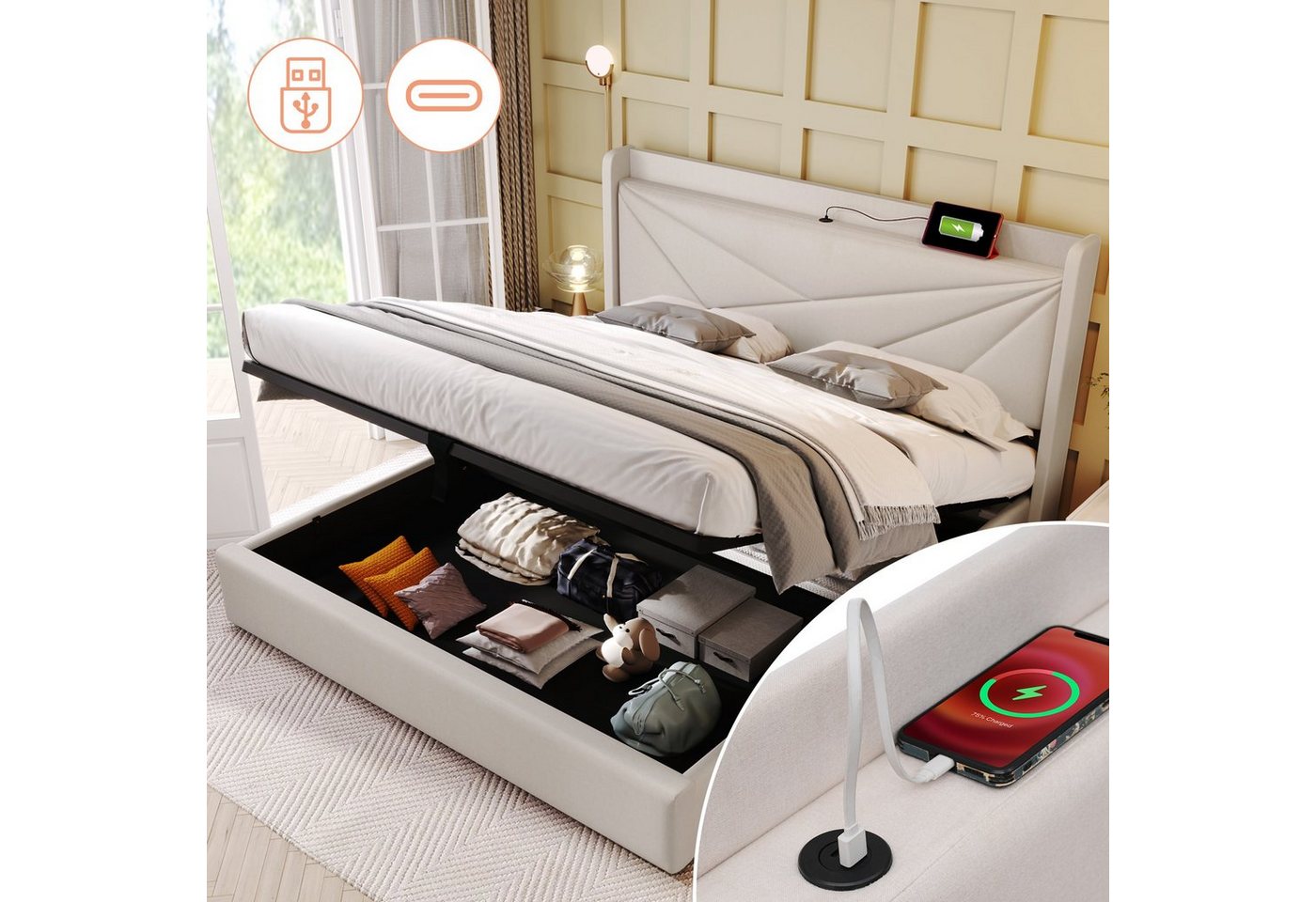 Ulife Polsterbett Doppelbett Stauraumbett mit USB /Typ C, Ladefunktion, Leinen, 160 × 200 cm von Ulife