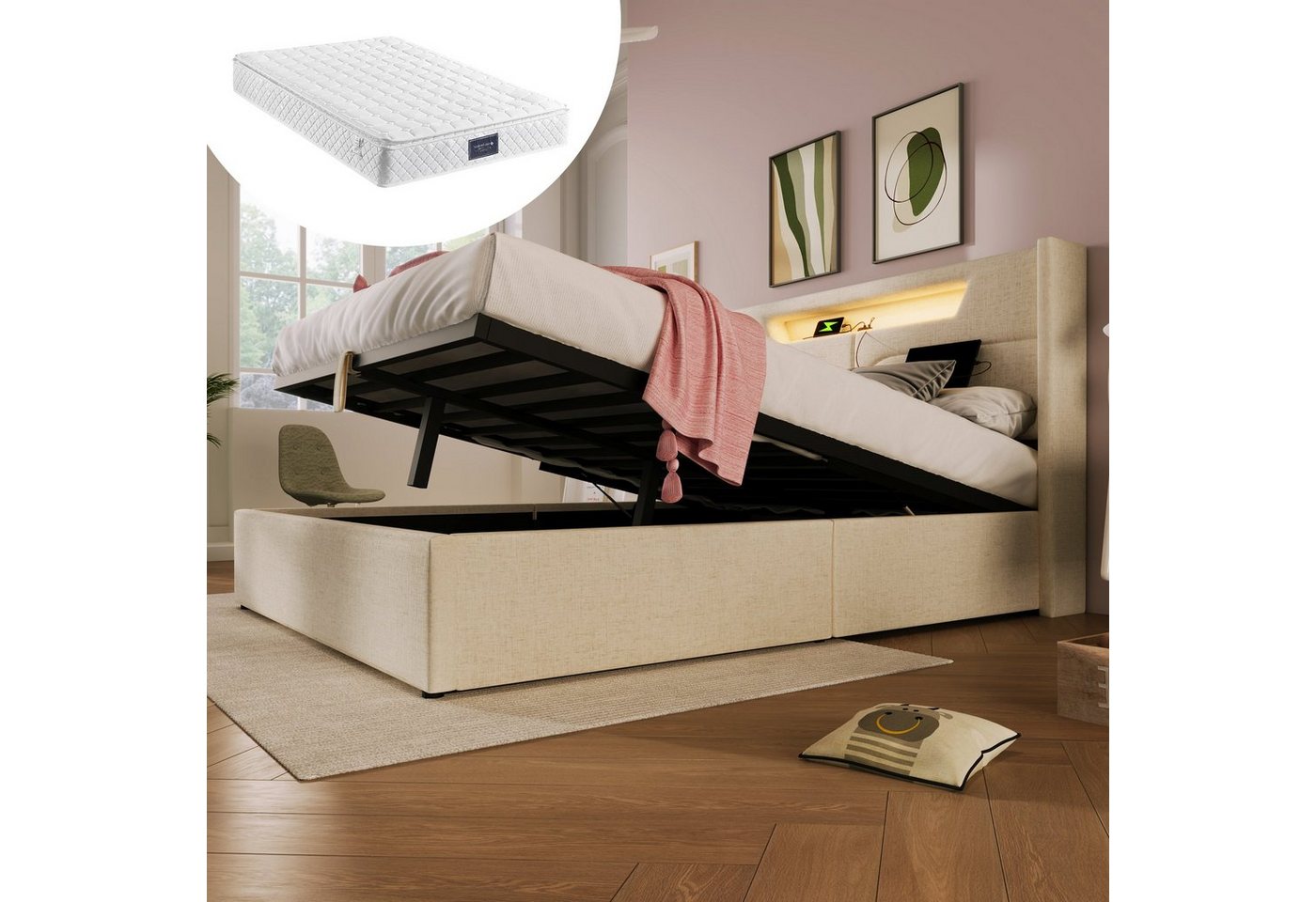 Ulife Polsterbett Doppelbett Stauraumbetten aus Leinenmaterial Jugendbett, mit USB Typ C Ladefunktion und LED-Beleuchtung von Ulife