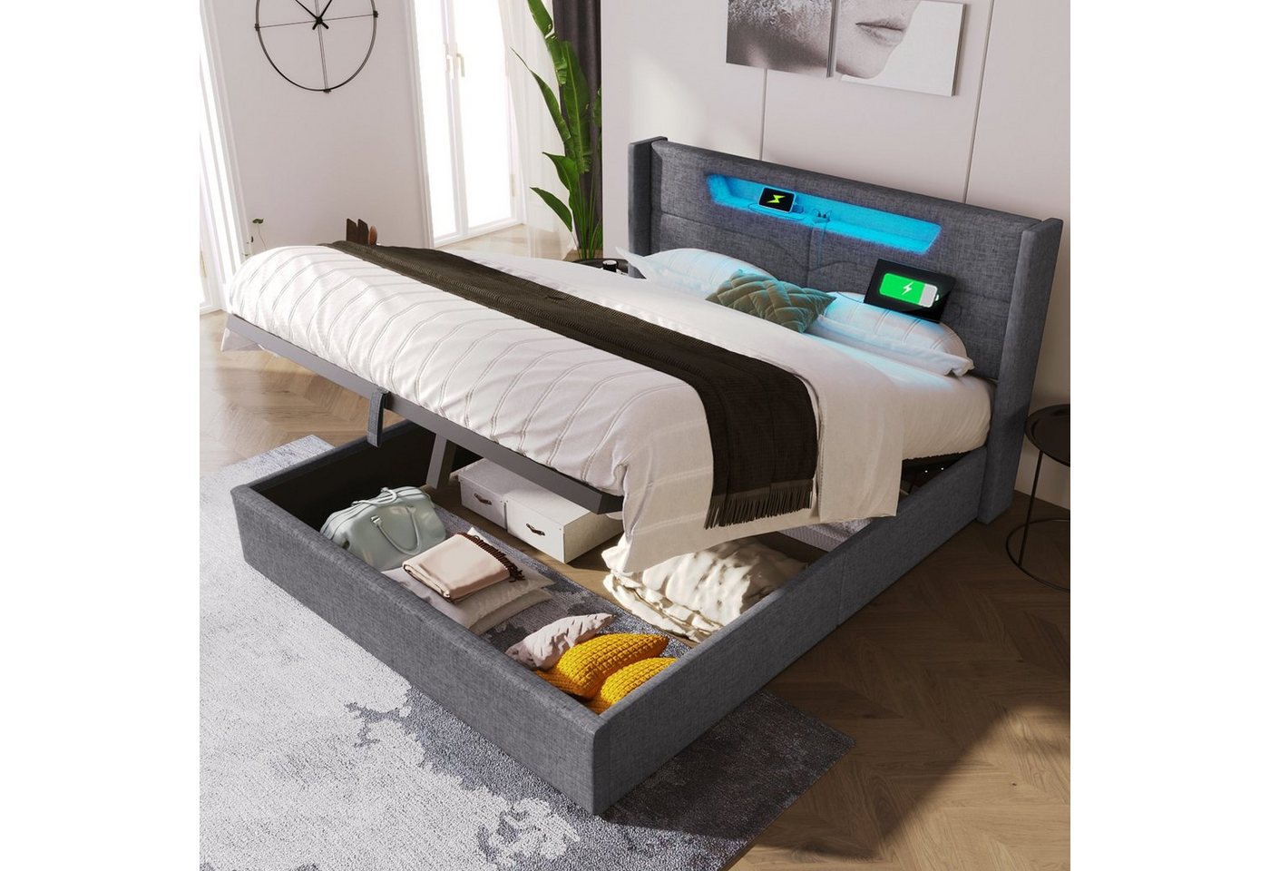 Ulife Polsterbett Doppelbett Stauraumbetten aus Leinenmaterial Jugendbett, mit USB Typ C Ladefunktion und LED-Beleuchtung von Ulife