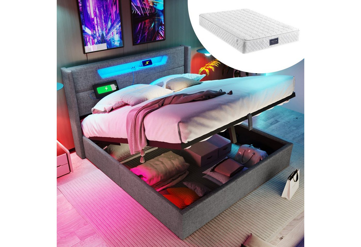 Ulife Polsterbett Doppelbett Stauraumbetten aus Leinenmaterial Jugendbett, mit USB Typ C Ladefunktion und LED-Beleuchtung von Ulife