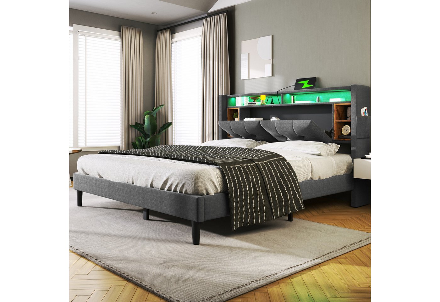 Ulife Polsterbett Doppelbett mit LED-Beleuchtung (Packung), Kopfteil-Straum, 160*200cm von Ulife