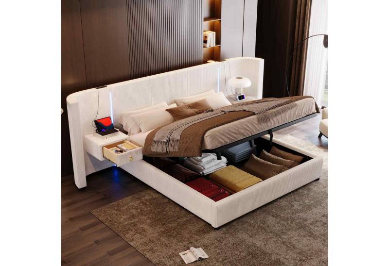 Ulife Polsterbett Doppelbett mit LED-Beleuchtung & Hydraulik-Stauraum (Ohne Matratze), USB-C-Ladestation + 2 Schubladen, 180x200cm von Ulife