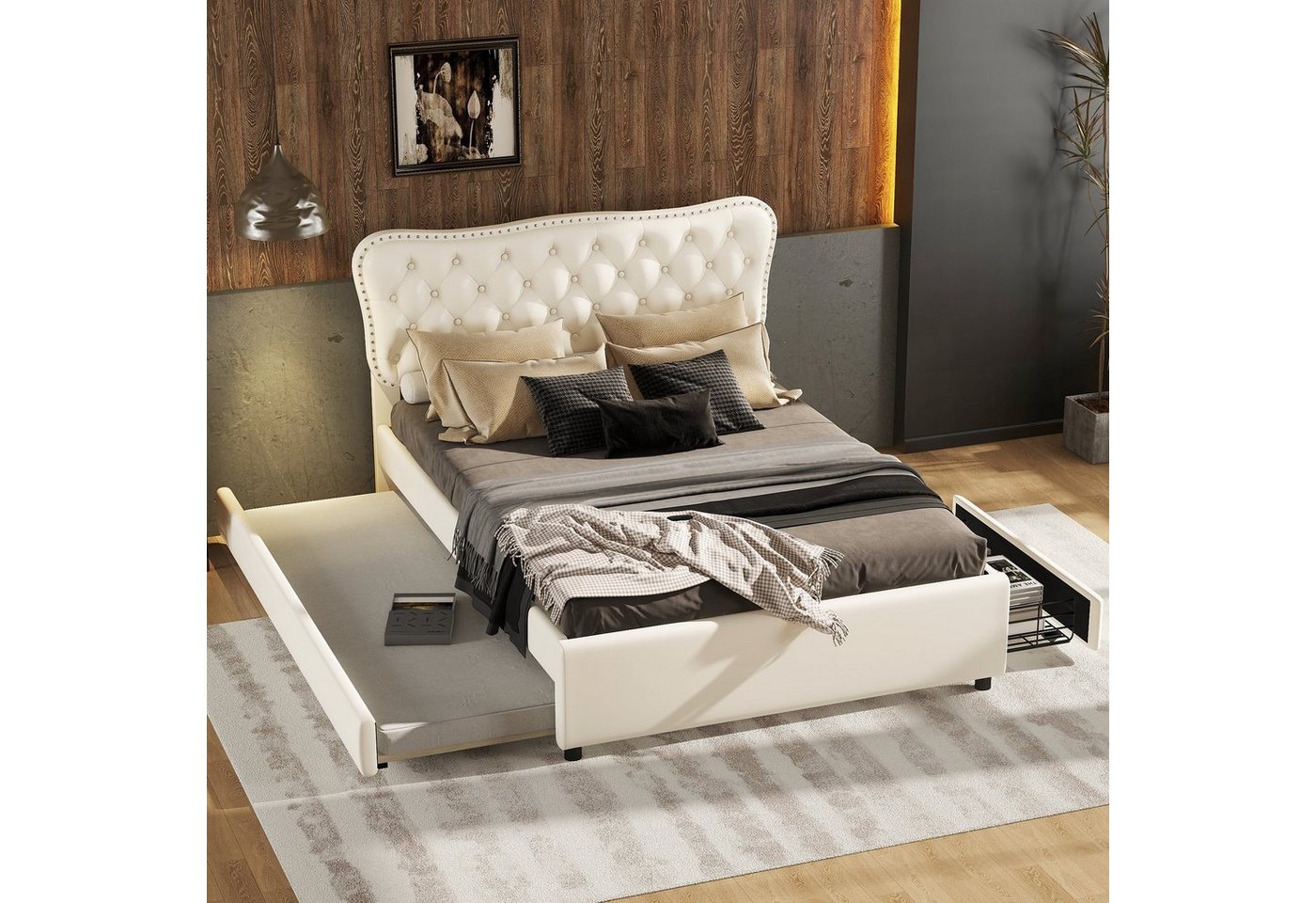 Ulife Polsterbett Doppelbett mit Rollbett und zwei Schubladen, 140*200 cm (90*190 cm), PU, ausziehbares Bett von Ulife