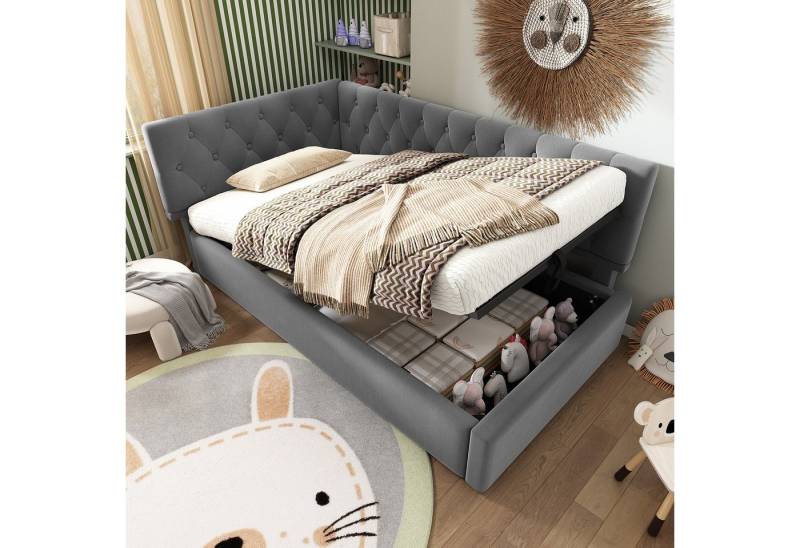 Ulife Polsterbett Einzelbett Kinderbett Daybett Schlafsofa mit hydraulischem Stauraum (Ohne Matratze), Jugendbett Bettgestell mit Lattenrost aus Holz, Samt von Ulife