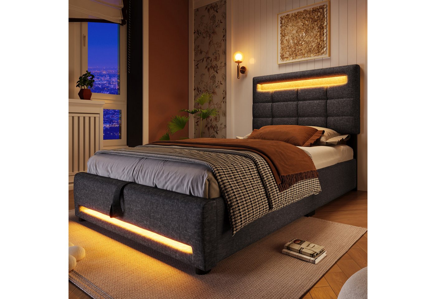 Ulife Polsterbett Einzelbett Stauraumbett Kinderbett Gästebett mit LED-Licht (Ohne Matratze), APP-Fernbedienung, hydraulische Lagerung, 90x200cm von Ulife