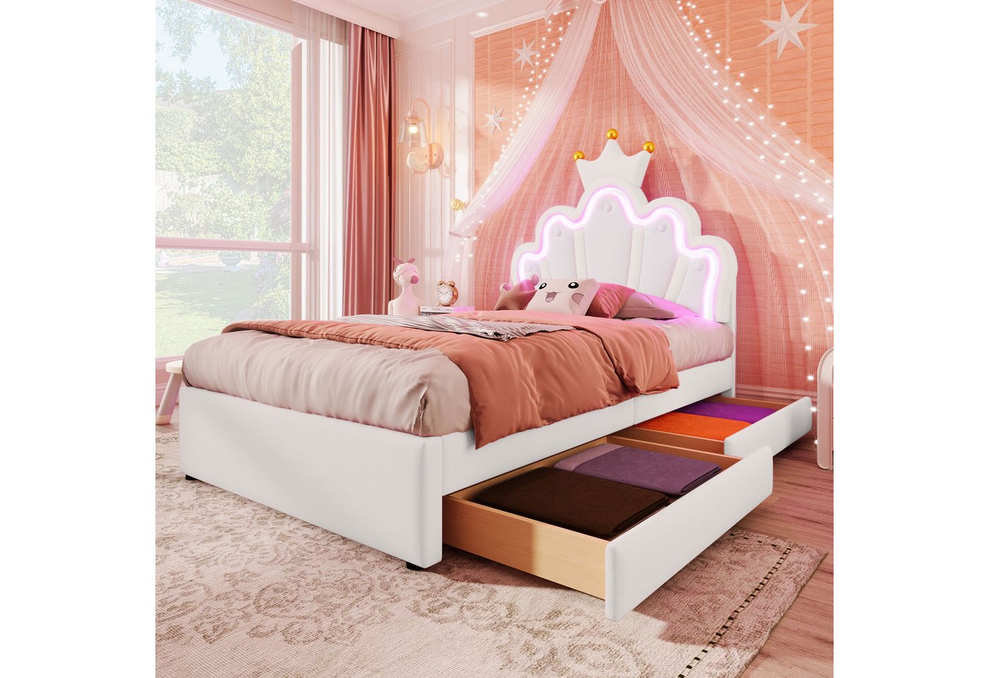 Ulife Polsterbett Funktionsbett kronenförmiges Prinzessinnenbett mit 2 Schubladen (Ohne Matratze), mit 16 Farben LED-Licht von Ulife