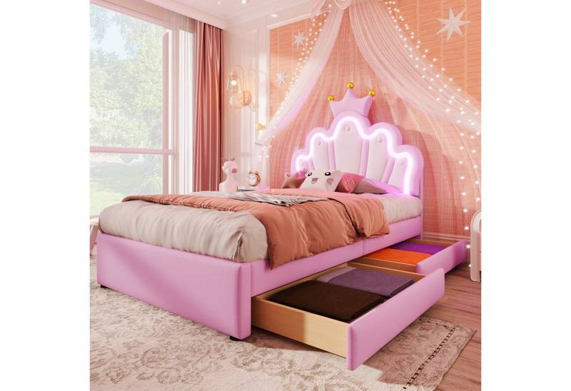Ulife Polsterbett Funktionsbett kronenförmiges Prinzessinnenbett mit 2 Schubladen (Ohne Matratze), mit 16 Farben LED-Licht von Ulife