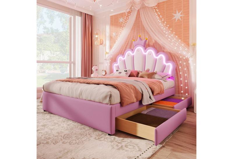 Ulife Polsterbett Funktionsbett kronenförmiges Prinzessinnenbett mit 2 Schubladen (Ohne Matratze), mit 16 Farben LED-Licht von Ulife