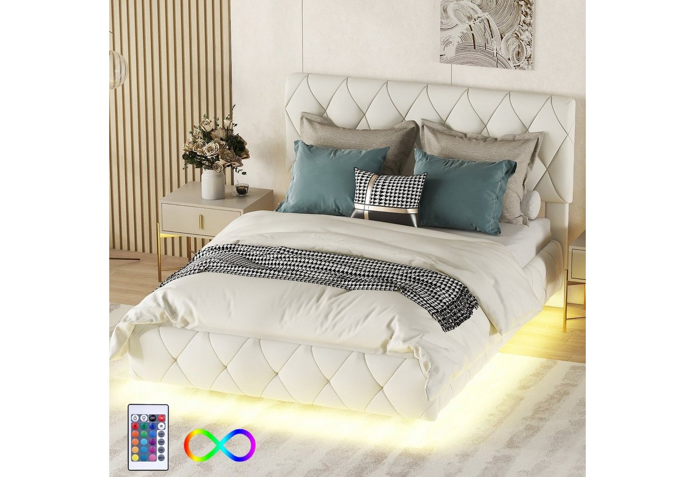Ulife Polsterbett Gästebett Bett Doppelbett Schwebebette PU-Material, mit Lichtleisten, 140 x 200cm von Ulife