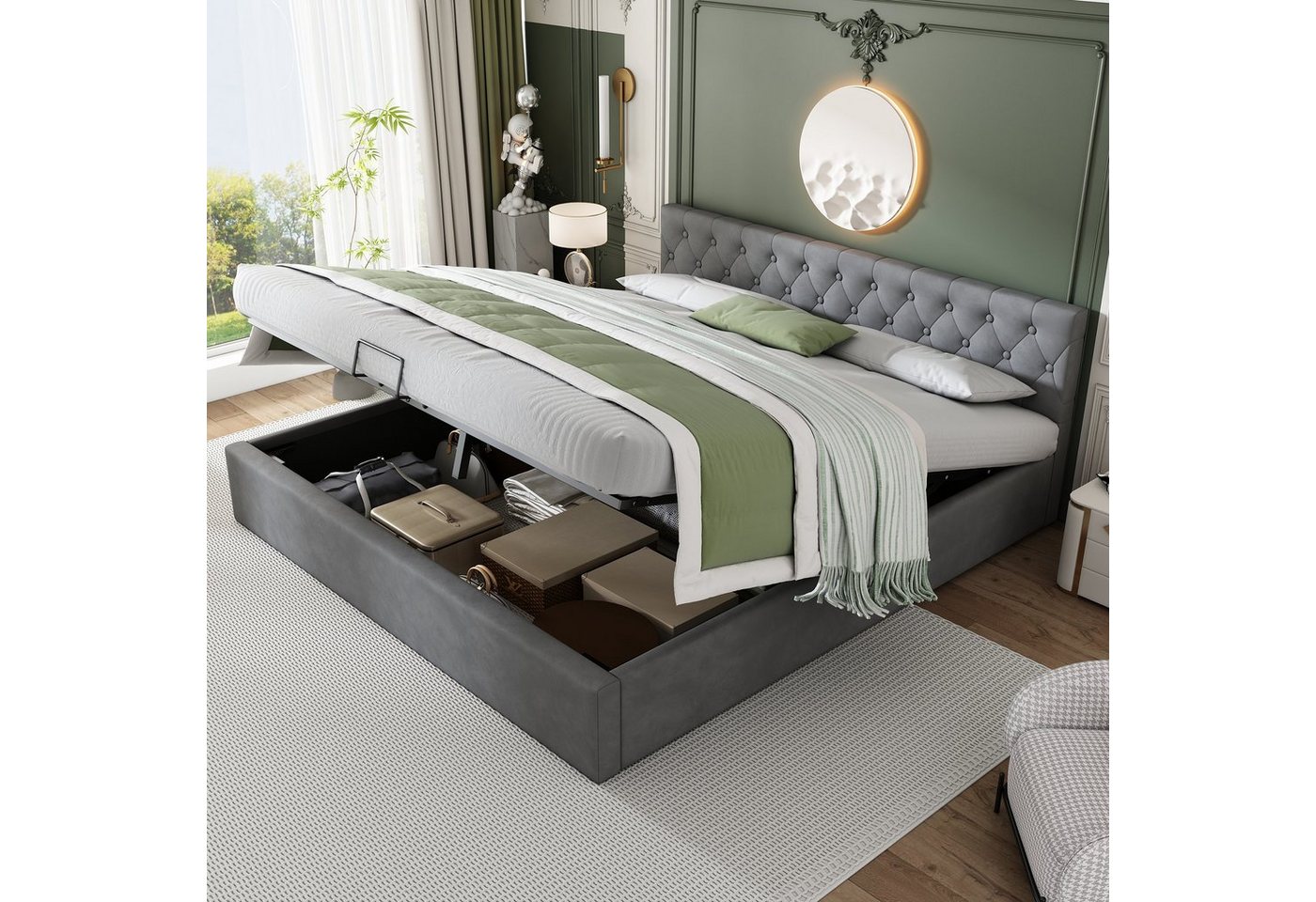 Ulife Polsterbett Grau Stauraumbett Samt-Stoff Funktionsbett Doppelbett mit Bettkasten, mit Bettkasten Samt-Stoff, 180 × 200cm von Ulife