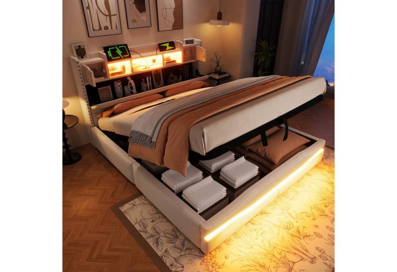 Ulife Polsterbett Hydraulisch Stauraumbett, Doppelbett mit LED-Beleuchtung (Ohne Matratze), Kopfteil mit Staufach, Steckdosen & USB-C, 160x200cm von Ulife