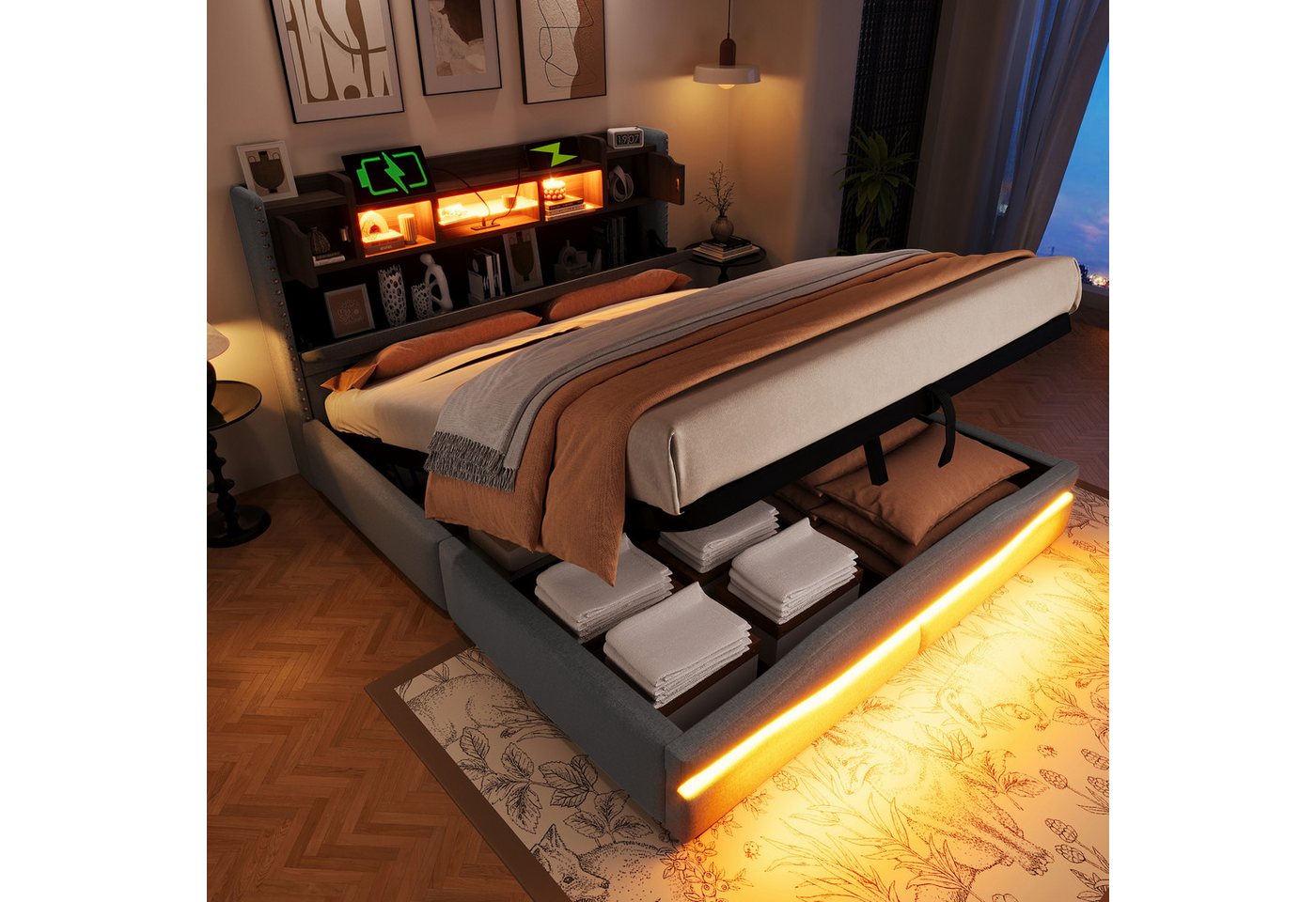 Ulife Polsterbett Hydraulisch Stauraumbett, Doppelbett mit LED-Beleuchtung (Ohne Matratze), Kopfteil mit Staufach, Steckdosen & USB-C, 160x200cm von Ulife