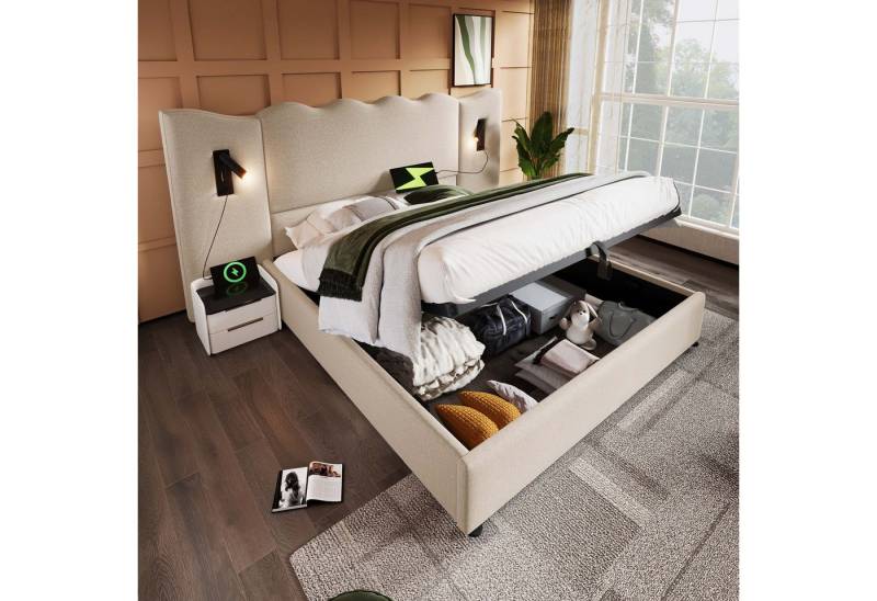 Ulife Polsterbett Hydraulisches Funktionsbett Struraumbett Doppelbett mit Leselampe (Ohne Matratze), USB Type-C Ladefunktion von Ulife