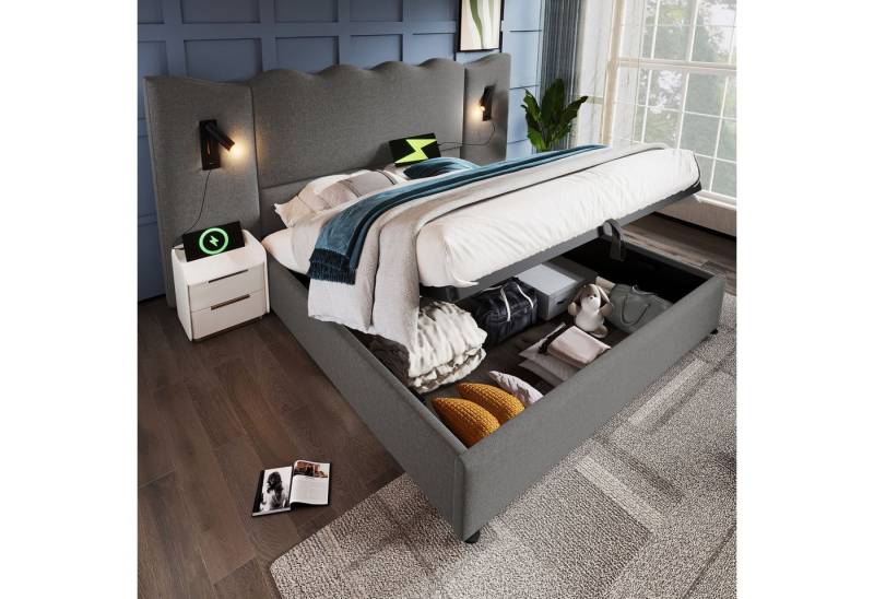 Ulife Polsterbett Hydraulisches Funktionsbett Struraumbett Doppelbett mit Leselampe (Ohne Matratze), USB Type-C Ladefunktion von Ulife
