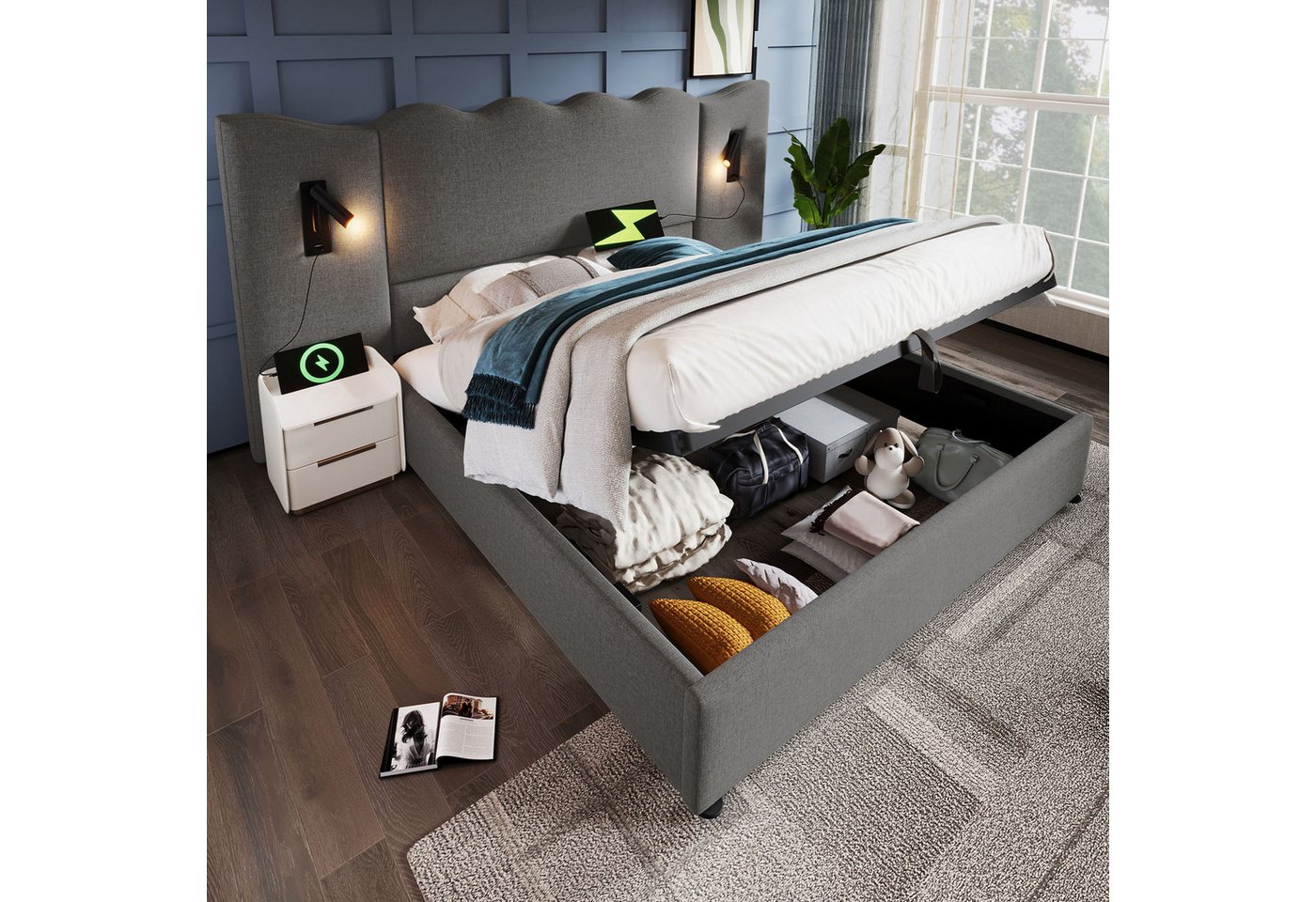 Ulife Polsterbett Hydraulisches Funktionsbett Struraumbett Doppelbett mit Leselampe (Ohne Matratze), USB Type-C Ladefunktion von Ulife