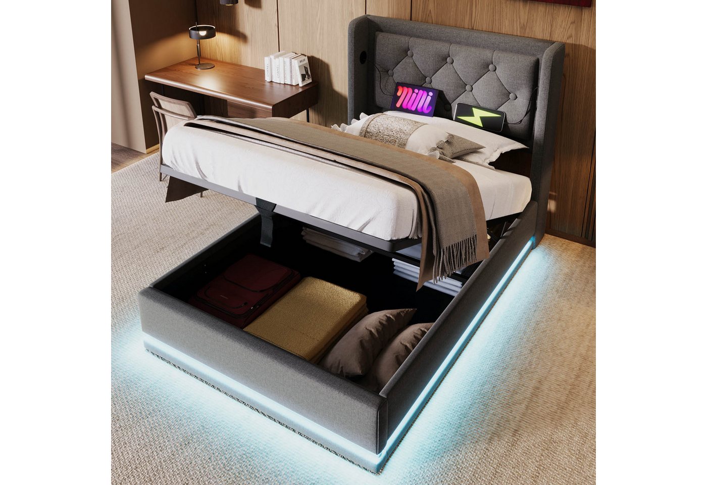 Ulife Polsterbett Hydraulisches Stauraumbett Einzelbett mit LED-Beleuchtung (Ohne Matratze), gepolstertes Kopfteil mit USB Typ-C Ladefunktion, 90x200cm von Ulife