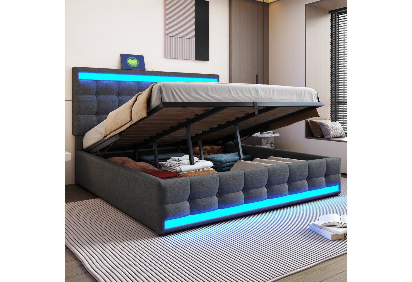 Ulife Polsterbett Hydraulisches Stauraumbett mit USB und LED-Lichtstreifen (Ohne Matratze), Doppelbett Jugendbett, 180x200cm von Ulife