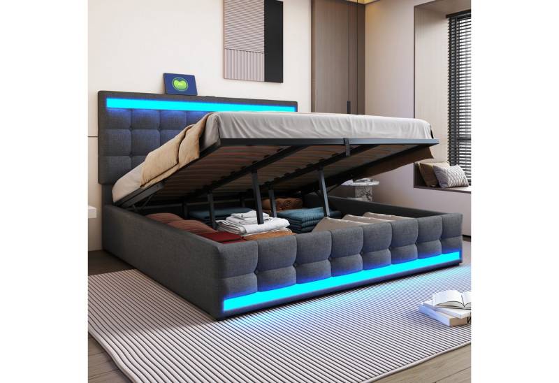 Ulife Polsterbett Hydraulisches Stauraumbett mit USB und LED-Lichtstreifen (Ohne Matratze), Doppelbett Jugendbett, 180x200cm von Ulife