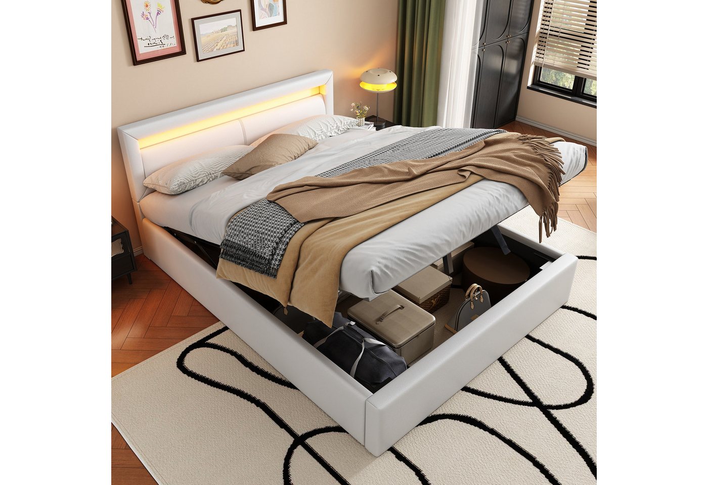 Ulife Polsterbett Jugendbett, Modernes LED-Bett mit Lederoptik & Stauraum (Ohne Matratze), 140x190 cm inkl. Lattenrost & beleuchtetem Kopfteil von Ulife