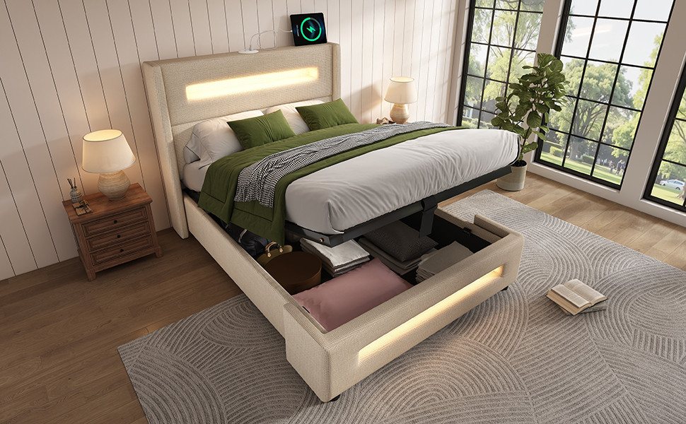Ulife Polsterbett Jugendbett, Stauraumbett mit hydraulischem Stauraum, LED-Beleuchtung (Ohne Matratze), mit USB Type-C Aufladen, 90x200cm von Ulife