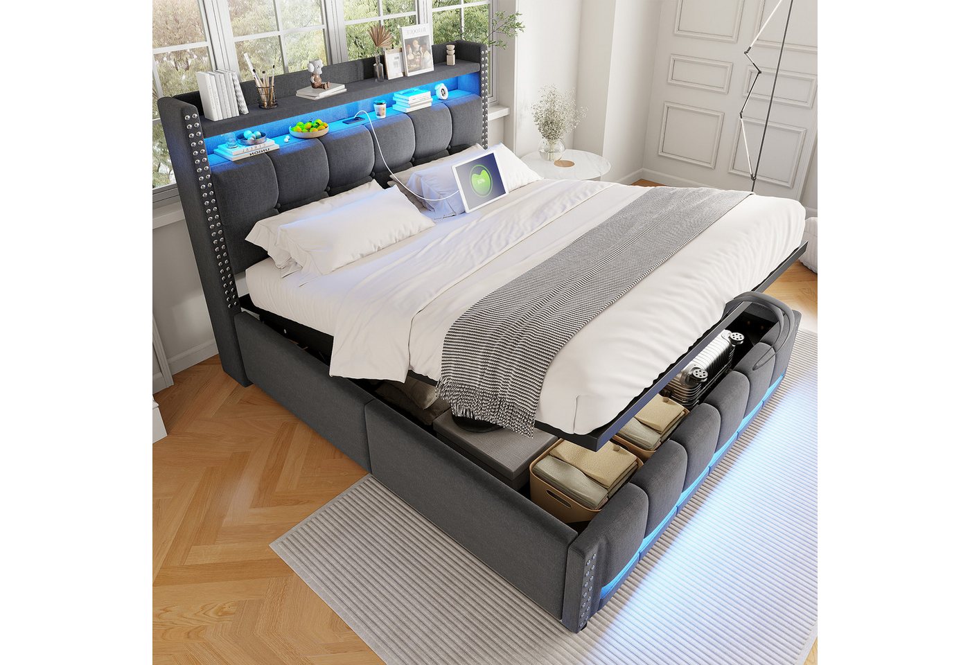 Ulife Polsterbett Jugendbett mit LED-Beleuchtung und USB-Steckdose, Kopfteil mit Regalen, Stauraum & hydraulischem Hebemechanismus von Ulife