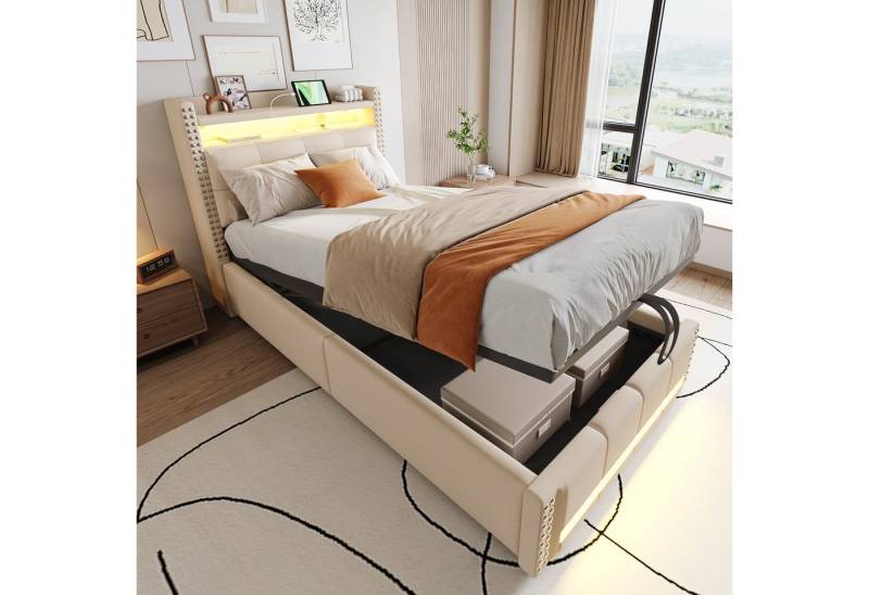 Ulife Polsterbett Jugendbett mit LED-Beleuchtung und USB-Steckdose (Ohne Matratze), Kopfteil mit Regalen, Stauraum & hydraulischem Hebemechanismus von Ulife