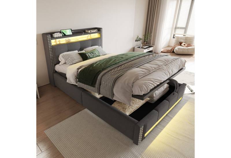 Ulife Polsterbett Jugendbett mit LED-Beleuchtung und USB-Steckdose (Ohne Matratze), Kopfteil mit Regalen, Stauraum & hydraulischem Hebemechanismus von Ulife