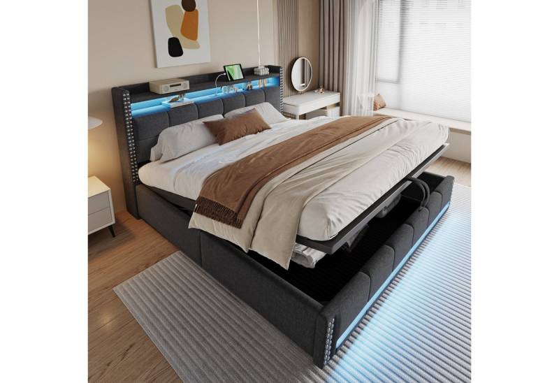 Ulife Polsterbett Jugendbett mit LED-Beleuchtung und USB-Steckdose (Ohne Matratze), Kopfteil mit Regalen, Stauraum & hydraulischem Hebemechanismus von Ulife