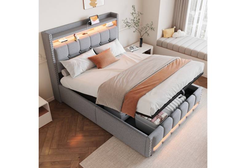 Ulife Polsterbett Jugendbett mit LED-Beleuchtung und USB-Steckdose (Ohne Matratze), Kopfteil mit Regalen, Stauraum & hydraulischem Hebemechanismus von Ulife