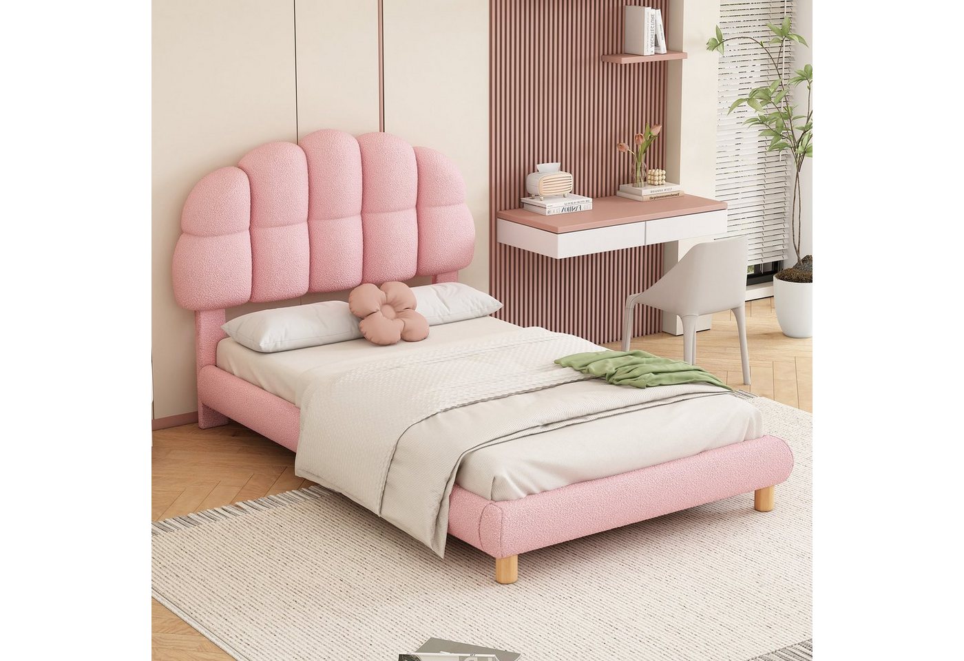 Ulife Polsterbett Kinderbett, Jugendbett mit Samtbezug, Halbkreisform Kopfteil, 90 × 200 cm, Rosa von Ulife