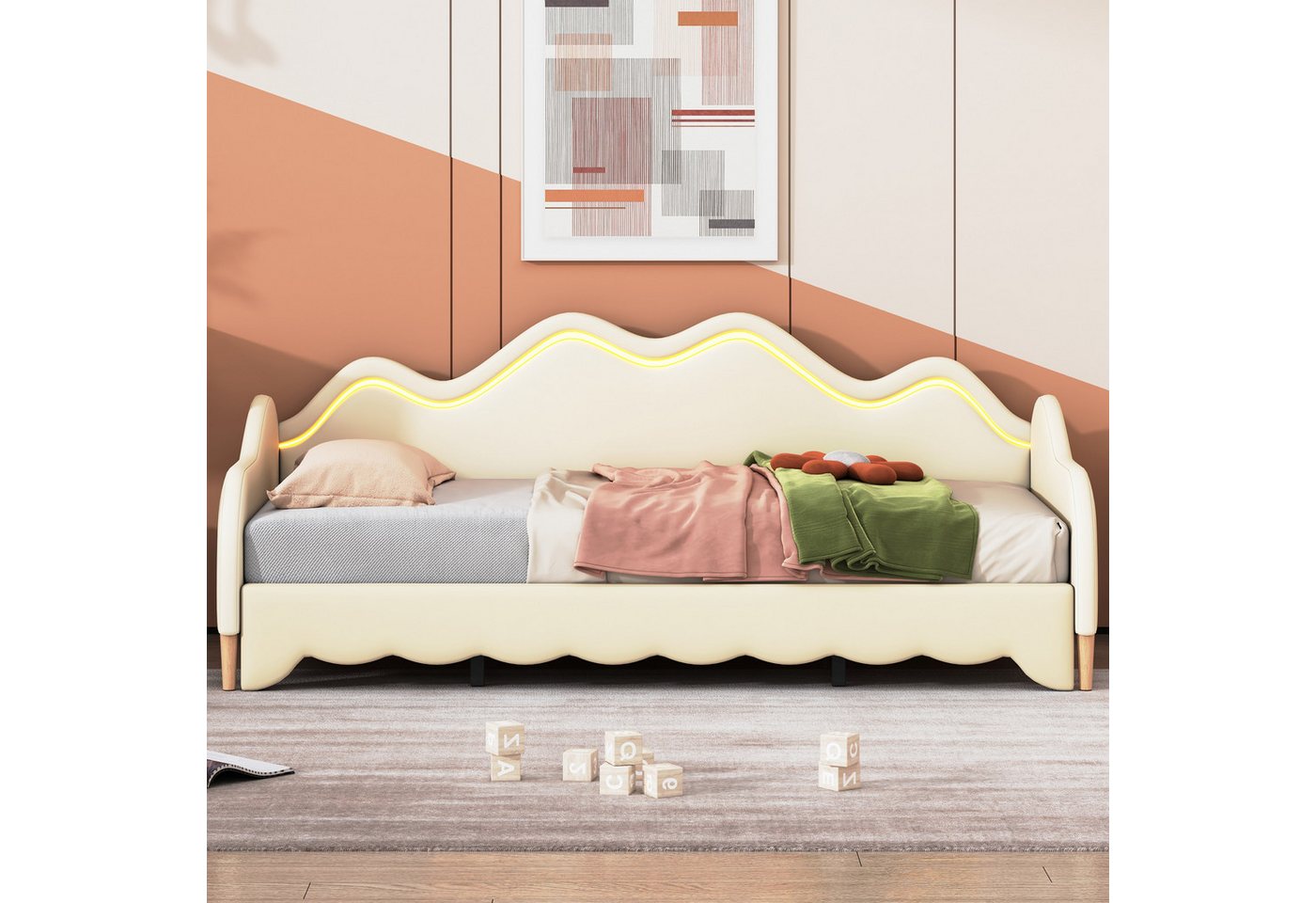 Ulife Polsterbett Kinderbett 90(180)*190cm, 2-in-1 Multifunktions-Schlafsofa, Tagesbett aus PU-Leder mit LED-Beleuchtung, mit Lattenrost von Ulife