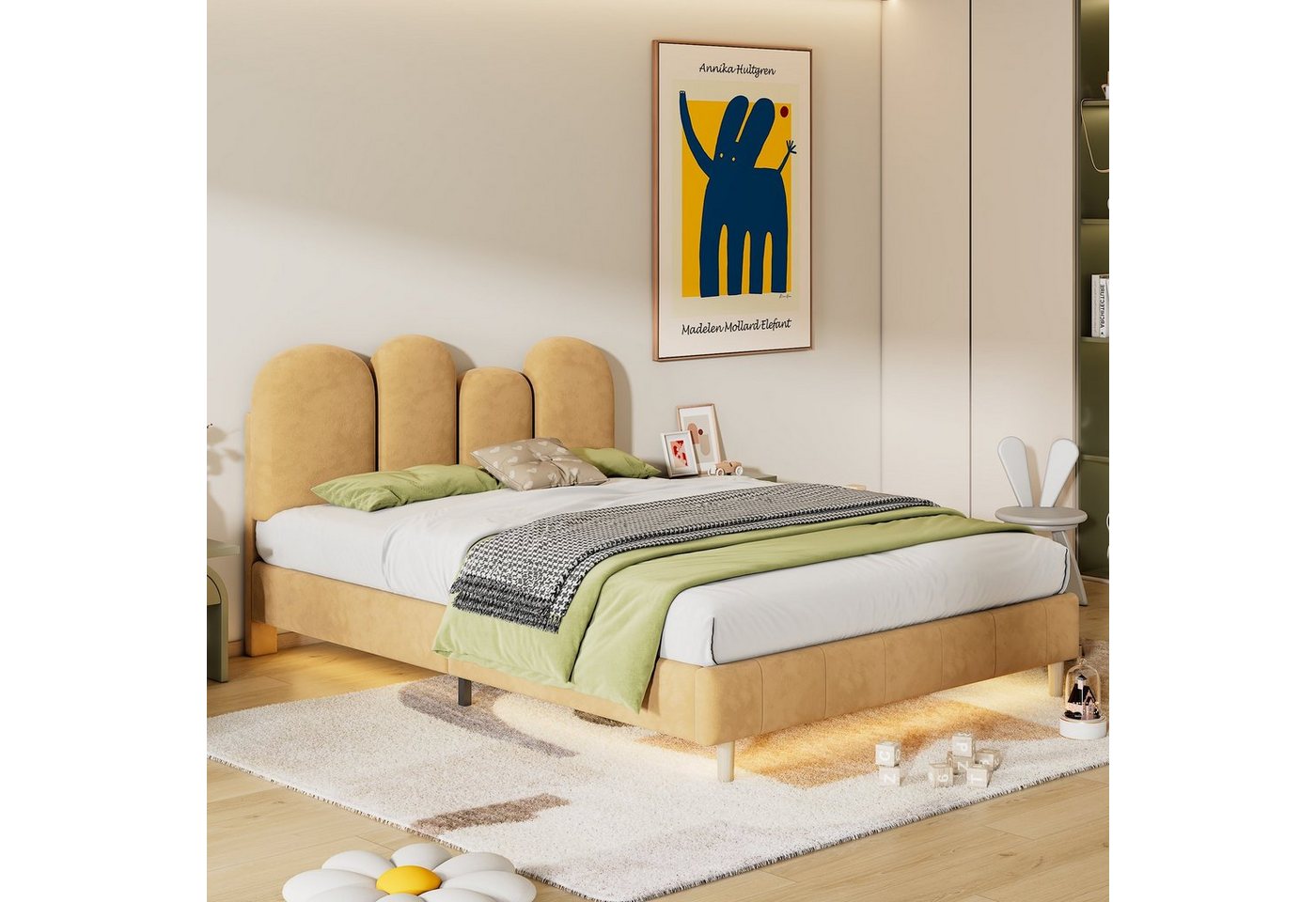 Ulife Polsterbett Kinderbett Jugendbett mit Unterbett-LED-Lichtleiste in warmem Gelb, Doppelbett mit Daumenform Kopfteil, 140x200cm von Ulife