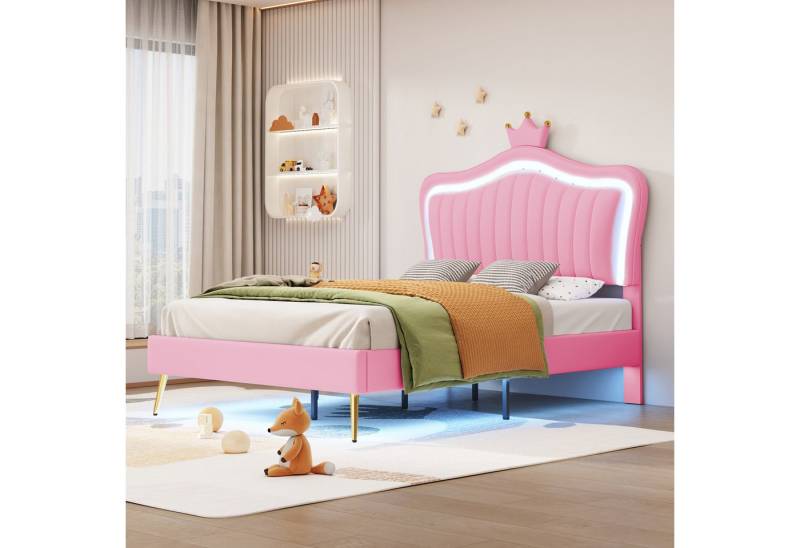 Ulife Polsterbett LED Kinderbett Einzelbett mit krone-Form Prinzessinnenbett von Ulife