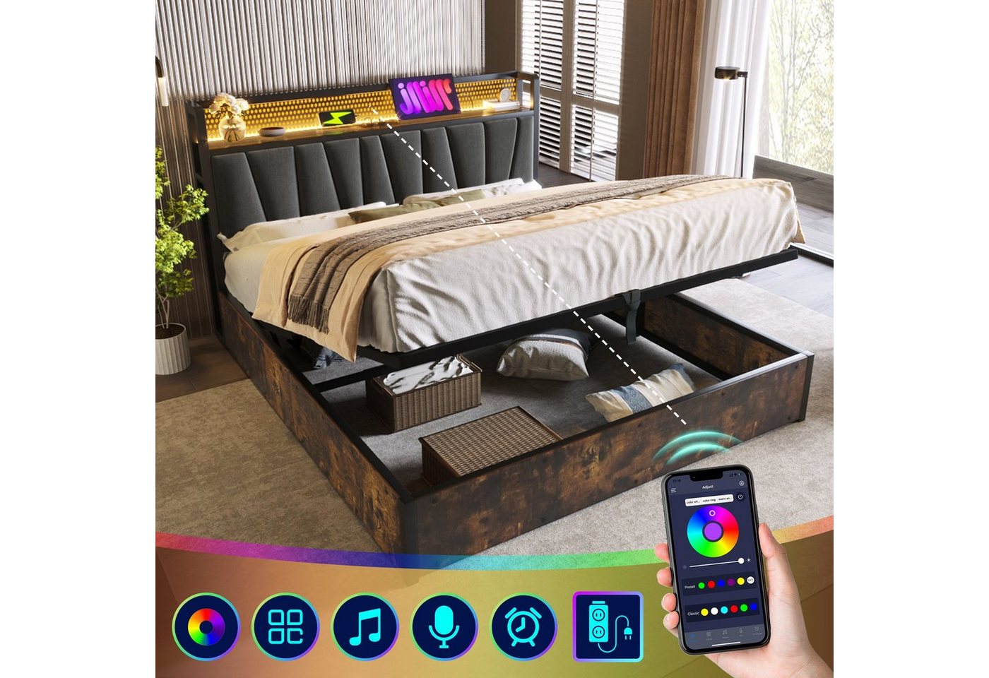 Ulife Polsterbett Metallbett Doppelbett mit aufladen USB Ladefunktion Kopfteil, LED-Beleuchtung, 140x200cm von Ulife