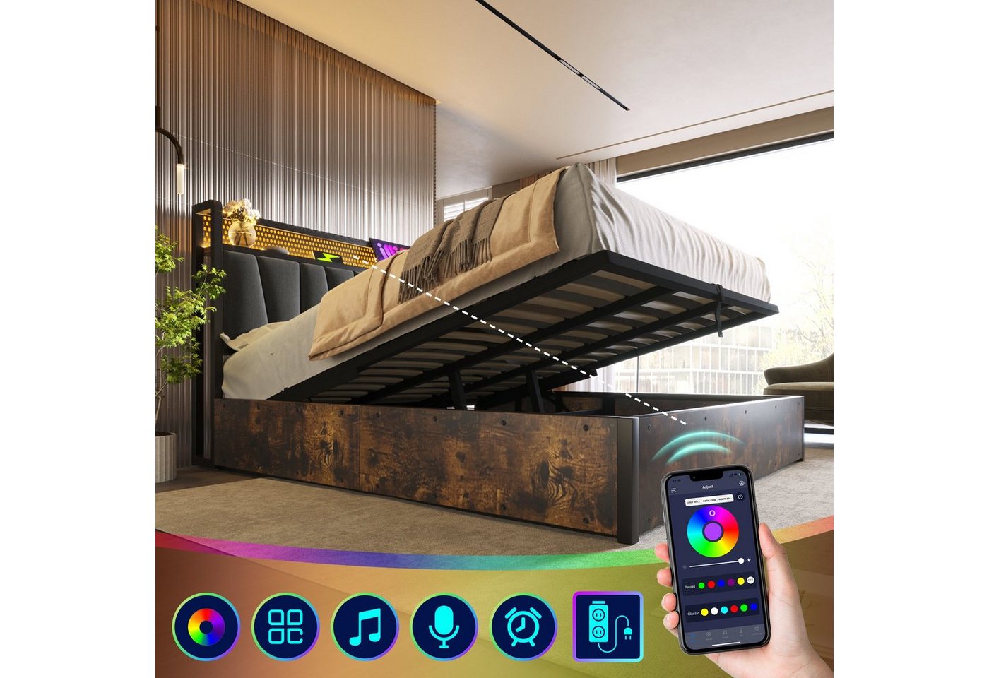Ulife Polsterbett Metallbett Doppelbett mit aufladen USB Ladefunktion Kopfteil (Ohne Matratze), LED-Beleuchtung, 180x200 CM Ulife Polsterbett Metallbett Doppelbett mit aufladen USB Ladefunktion Kopfteil (Ohne Matratze), LED-Beleuchtung, 180x200 CM von Ulife