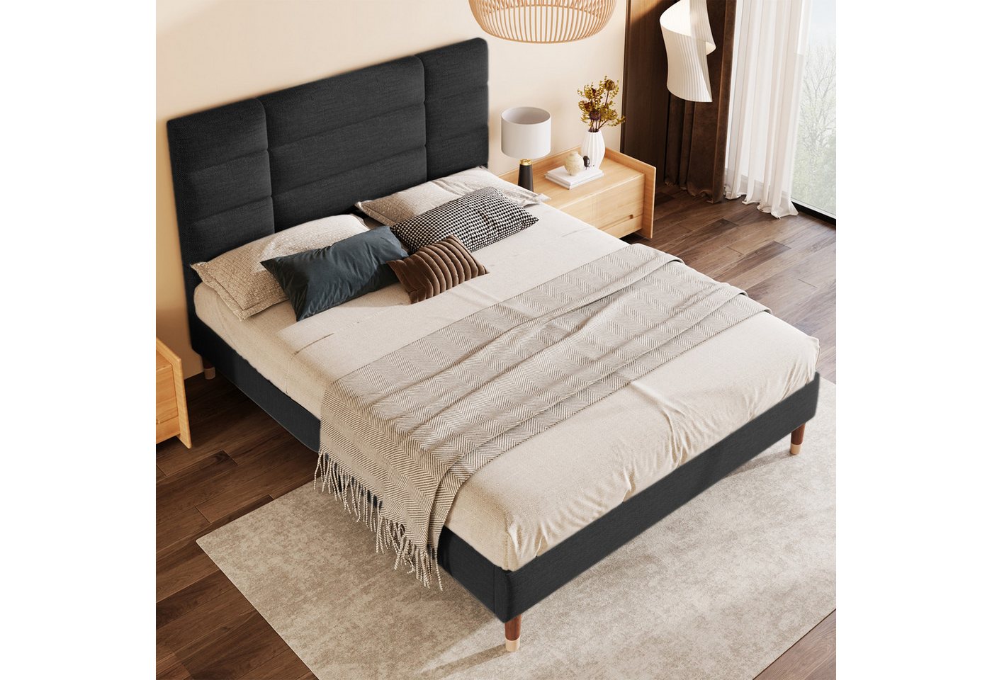 Ulife Polsterbett Schwarzes Doppelbett mit Lattenrost & Kopfteil 140 x 200 cm (Packung, 1 Bett), Weiches graues Leinen, Robuste Holzlatten, Luxuriöse und stabile Füße von Ulife